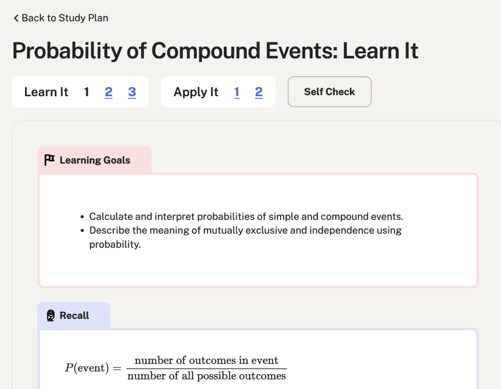 screen shot of Learn It, Apply It, and Self Check navigation at the top of each Study Plan