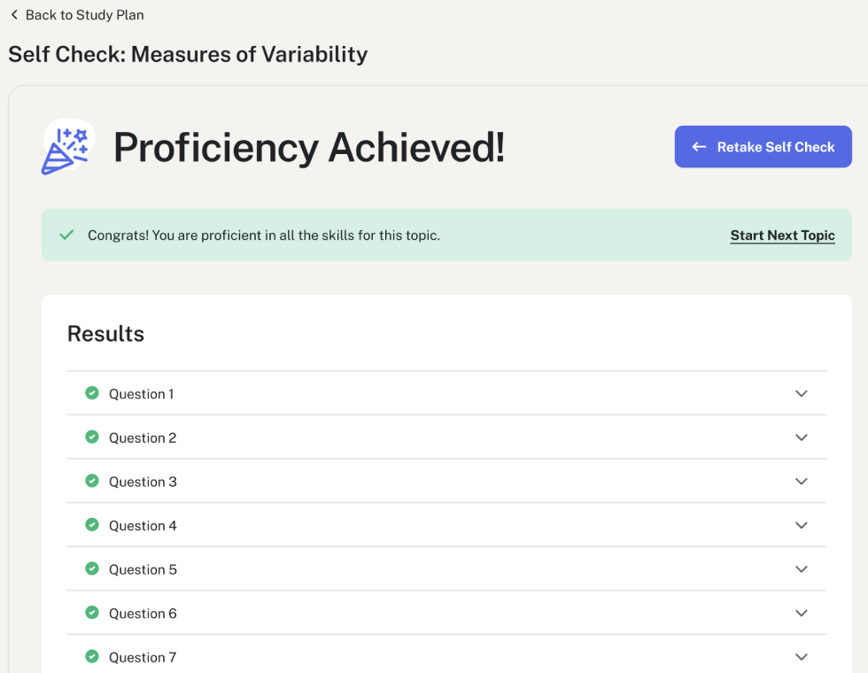 screen shot of a self check summary page