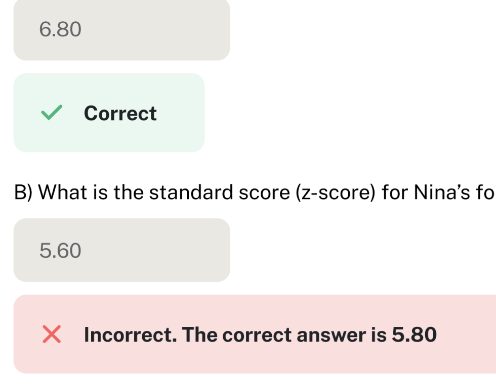 screen shot of student quiz feedback results