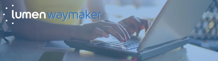 Lumen Waymaker Logo on a picture of a woman on her laptop working