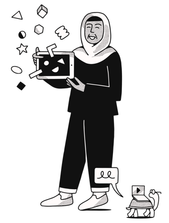 Decorative illustration of a teacher holding a tablet and teaching