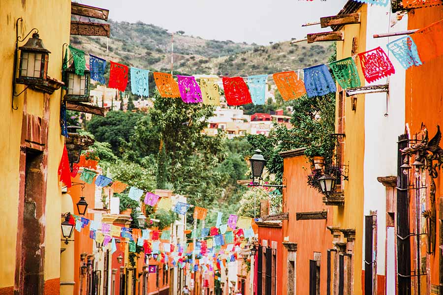 Mexico Streets with Colorful Flags